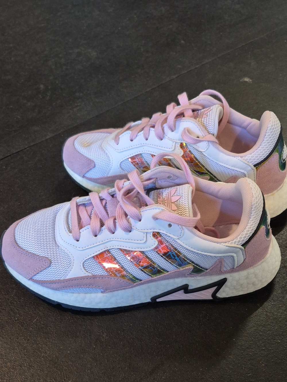 Adidas Art 1084 pink and white sneakers with iridescent stripes